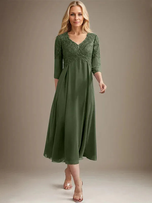 A-Line V-Neck Tea-Length Chiffon Lace Mother of the Bride Dress with Beading