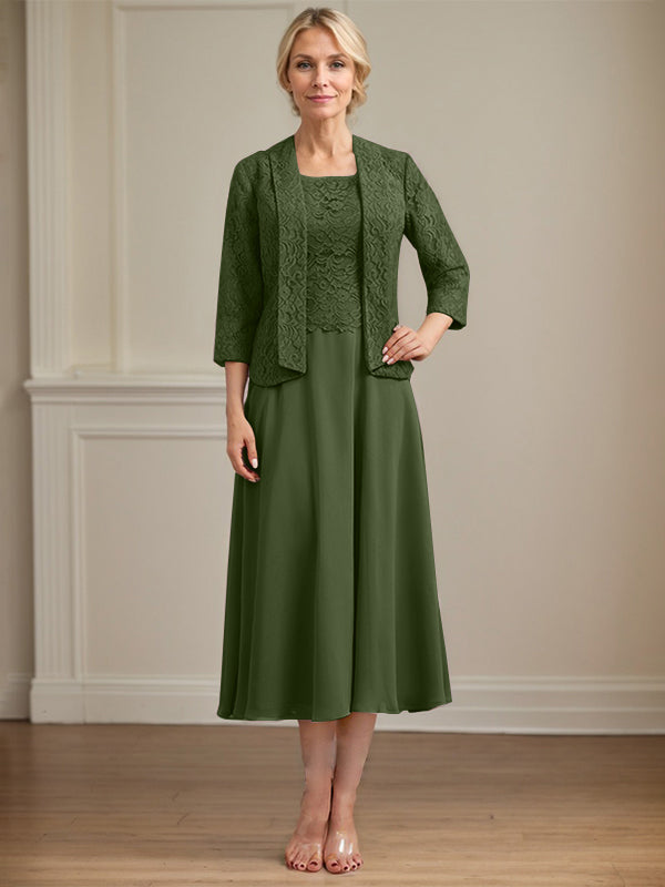 A-Line Scoop Neck Tea-Length Lace Chiffon Mother of the Bride Dress
