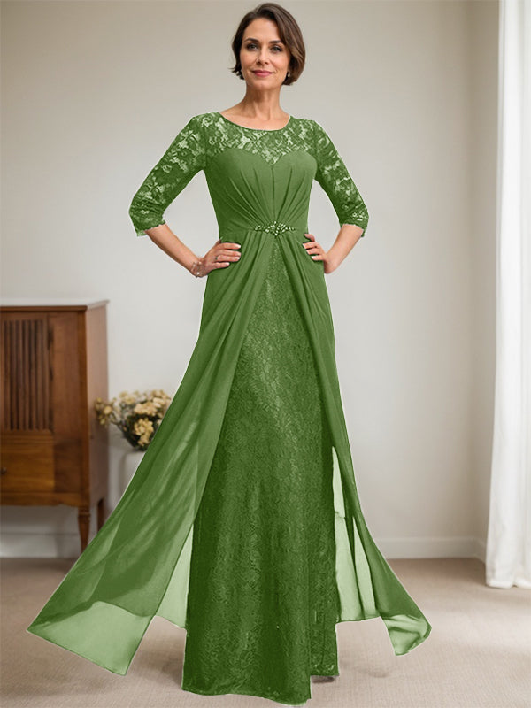 A-Line Scoop Neck Illusion Floor-Length Lace Chiffon Mother of the Bride Dress with Beaded Ruffles