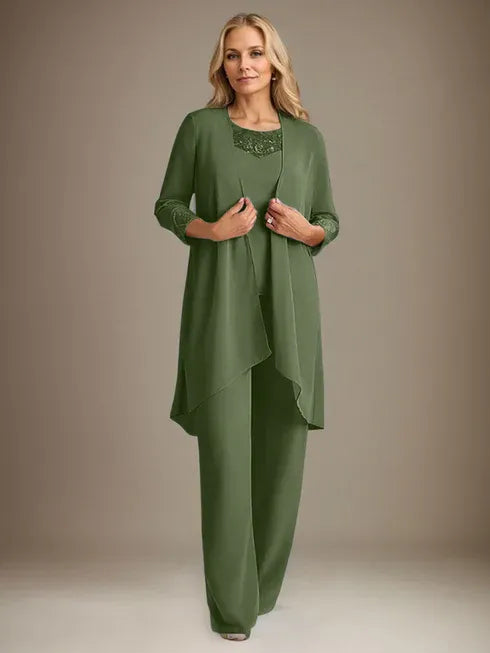 Chiffon Scoop Neck Long Sleeve Mother of the Bride Pantsuit with Jacket