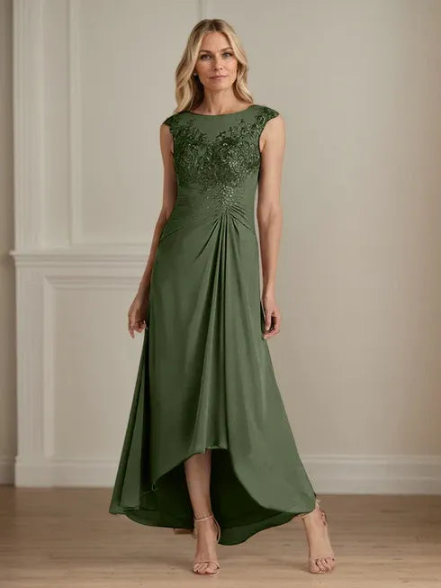 Champagne A-Line Lace and Chiffon Scoop Neck Dress