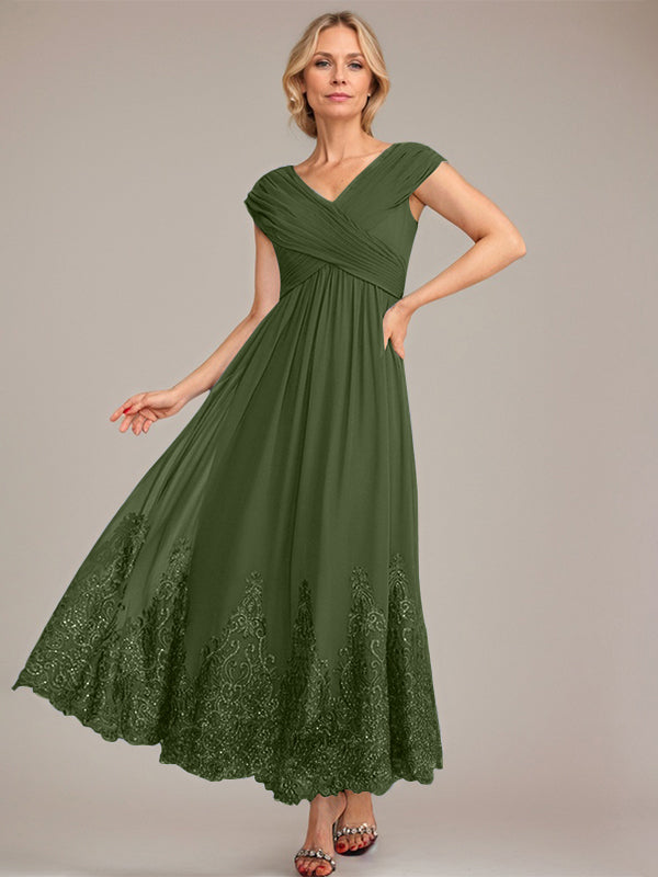 A-Line V-Neck Chiffon Mother of the Bride Dress with Appliqué and Sequins, Ankle-Length