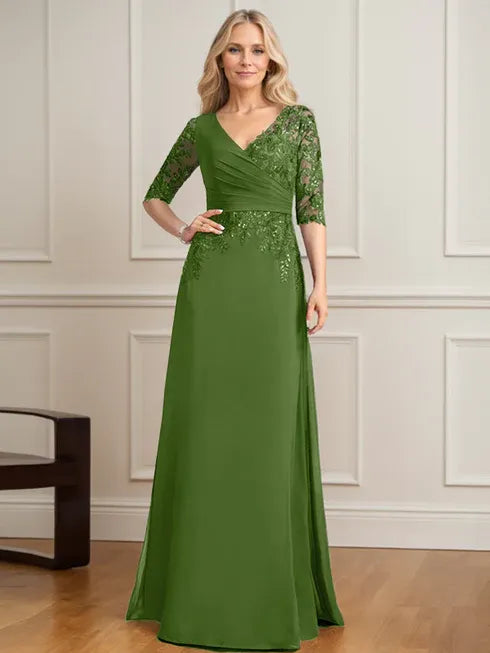 A-Line V-Neck Floor-Length Lace and Chiffon Mother of the Bride Dress with Pleated Sequins