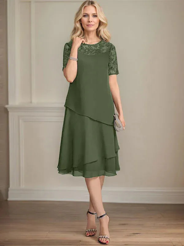 A-Line Scoop Neck Illusion Knee-Length Lace Chiffon Mother of the Bride Dress with Sequins
