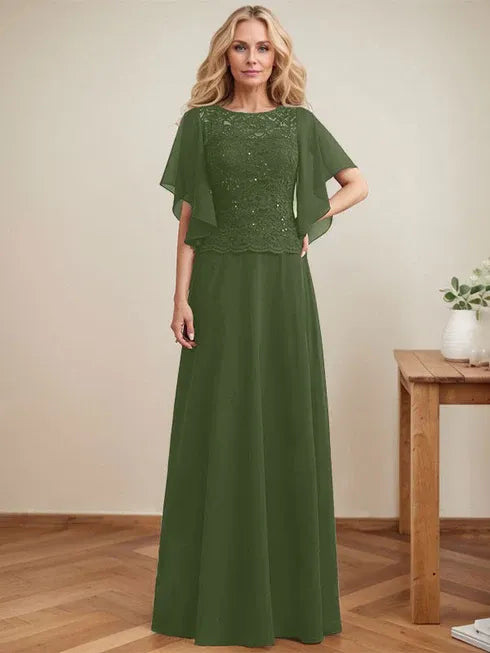 A-Line Scoop Neck Illusion Floor-Length Lace Chiffon Mother of the Bride Dress with Sequins