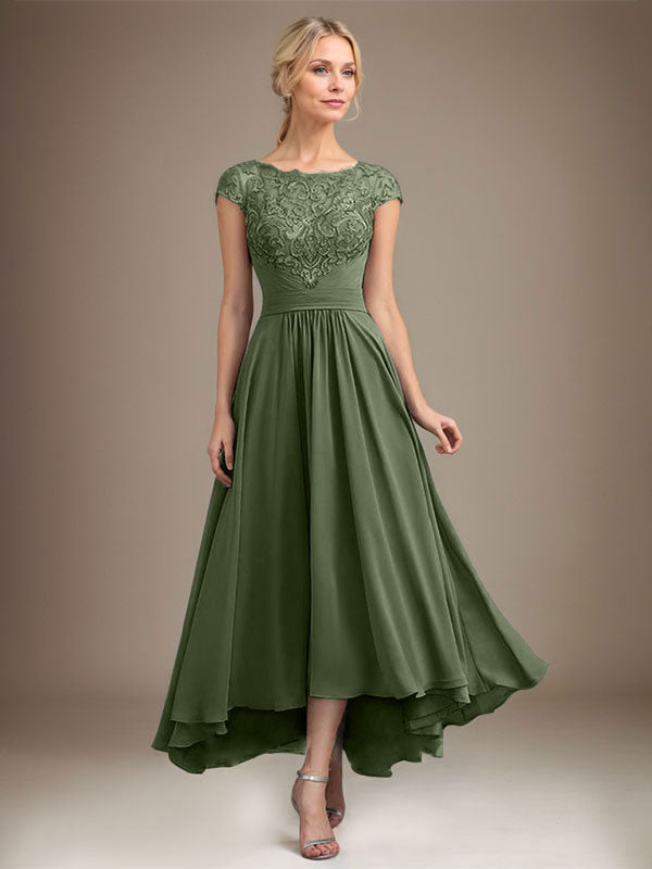 A-Line Scoop Neck Illusion Asymmetrical Lace Chiffon Mother of the Bride Dress with Pleats