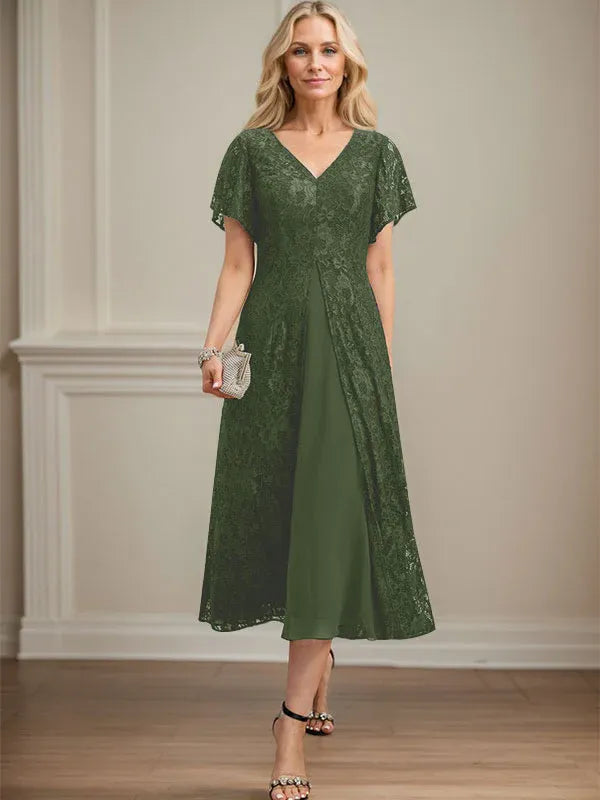 A-Line V-Neck Tea-Length Lace Chiffon Mother of the Bride Dress