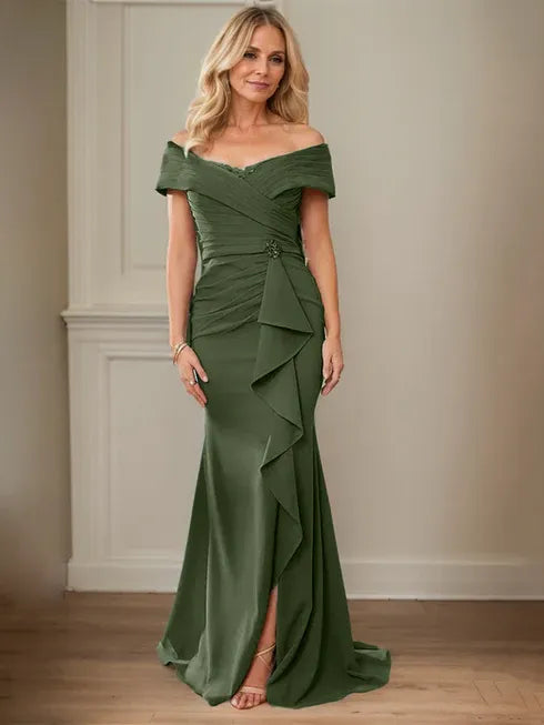 Floor-Length Lace and Chiffon Mother of the Bride Dress with Sheath/Column V-Neck Illusion and Pleated Sequins