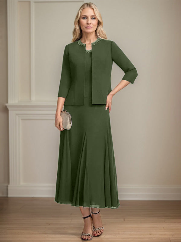 A-line Scoop Tea-Length Chiffon Mother of the Bride Dress with Sequins and Beading Separates