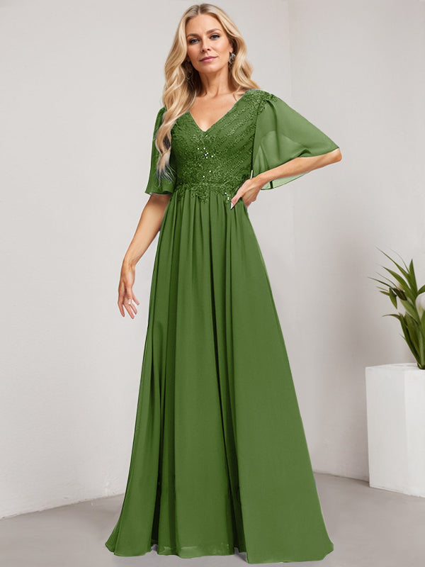 A-Line V-Neck Floor-Length Lace Chiffon Mother of the Bride Dress with Sequins