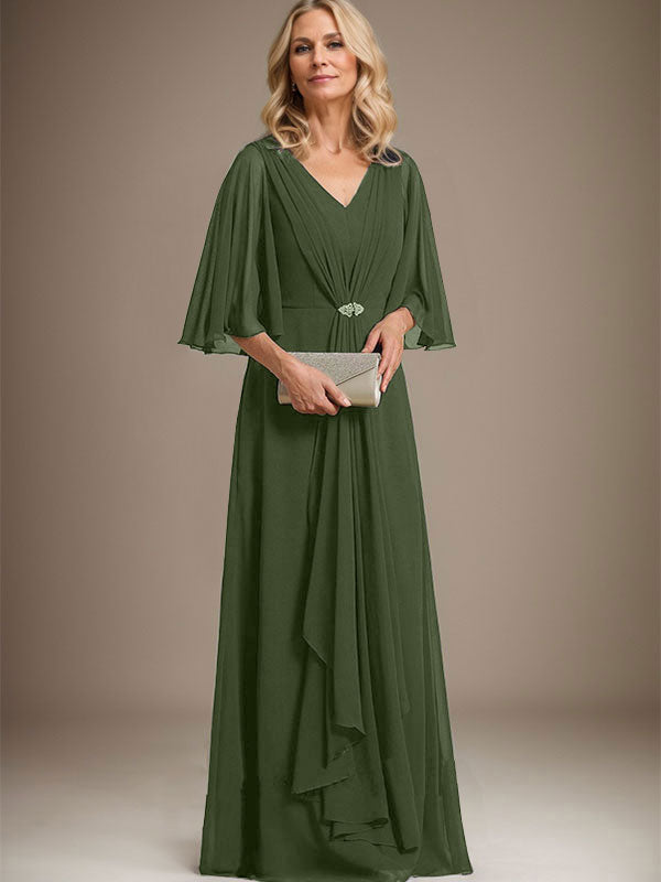 A-Line V-Neck Floor-Length Chiffon Mother of the Bride Dress with Cascading Ruffles and Crystal Brooch