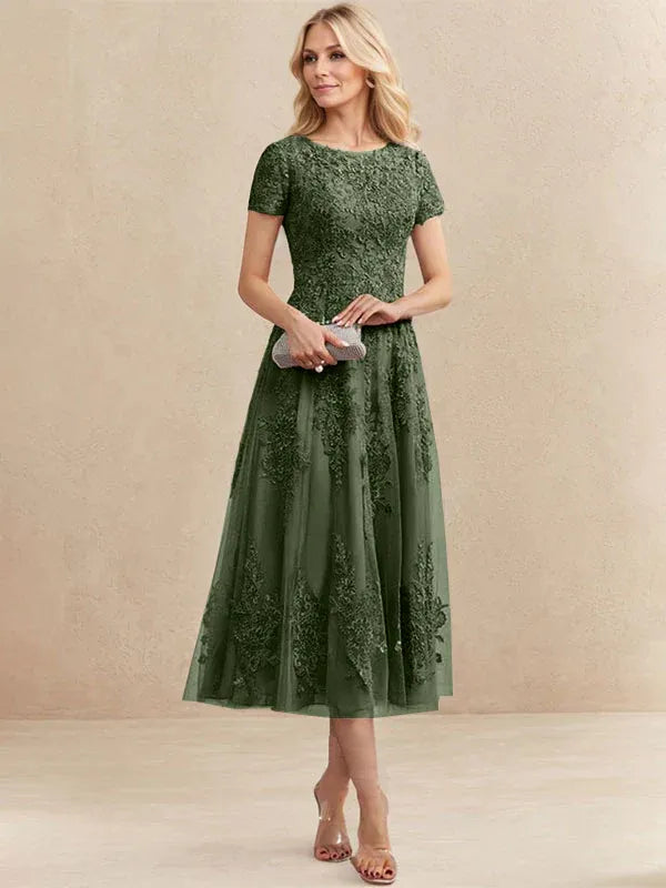 A-Line Scoop Neck Tea-Length Tulle Lace Mother of the Bride Dress