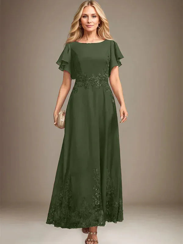 A-Line Scoop Neck Ankle-Length Lace and Chiffon Mother of the Bride Dress with Sequins