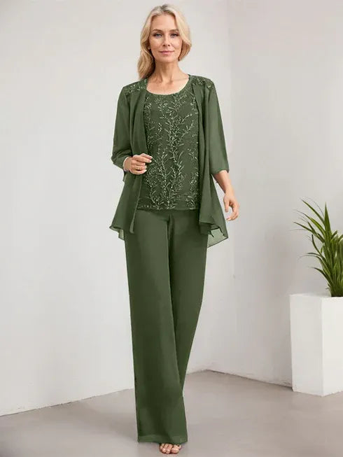 Floor-Length Lace Chiffon Mother of the Bride Jumpsuit/Pantsuit with Scoop Neck and Sequins