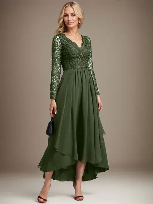 A-Line V-Neck Asymmetrical Lace Chiffon Mother of the Bride Dress