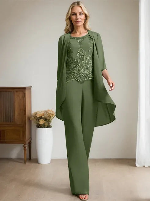 Floor-Length Chiffon Lace Mother of the Bride Jumpsuit/Pantsuit with Scoop Neck, Beading, and Sequins