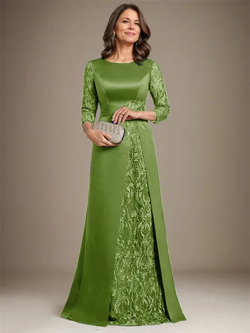 Floor-Length A-Line Lace Satin Mother of the Bride Dress with Scoop Neck and Applique