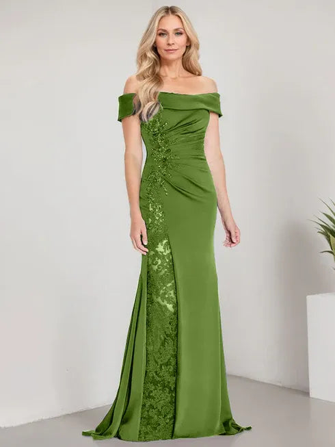 A-Line Off-the-Shoulder Floor-Length Mother of the Bride Dress with Appliqué Beadings and Mermaid Silhouette Featuring a High Split