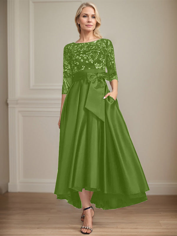 A-Line Scoop Neck Illusion Asymmetrical Satin Lace Mother of the Bride Dress with Bow