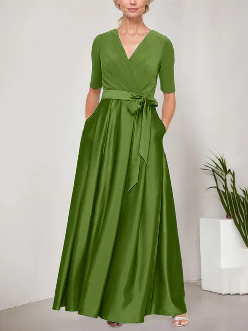 Surplice Neckline Ballgown with Full Satin Skirt and Jersey Bodice