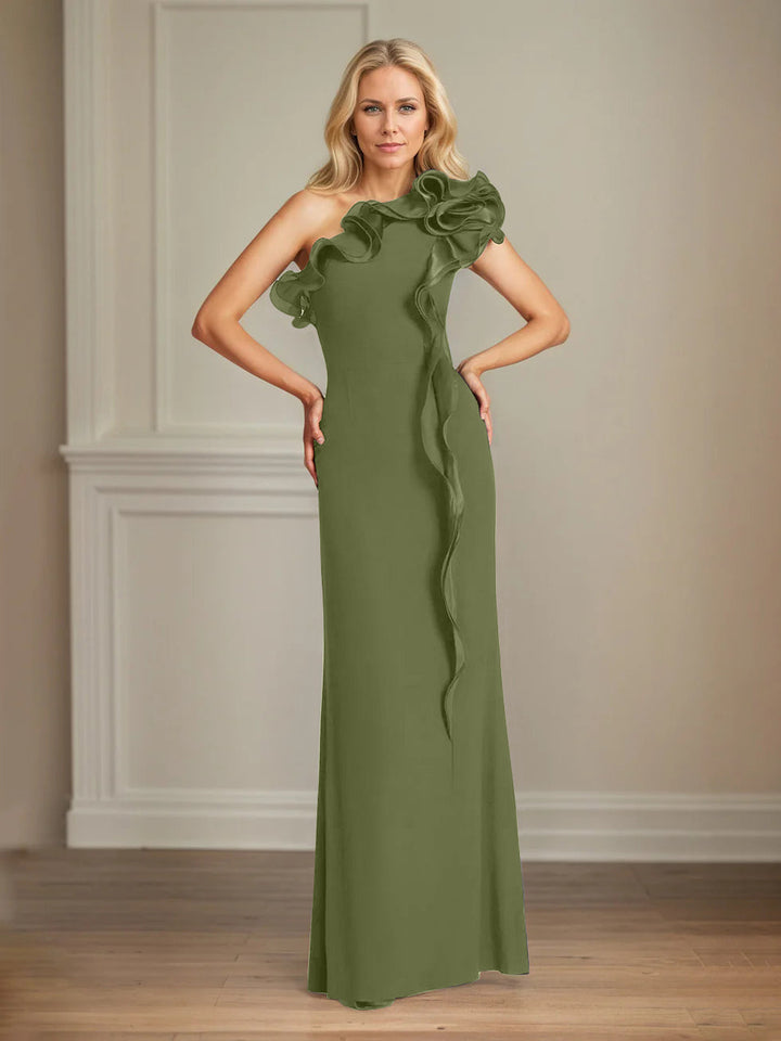Navy Stretch Crepe One-Shoulder Sheath Dress with Ruffles – Floor-Length Mother of the Bride Gown