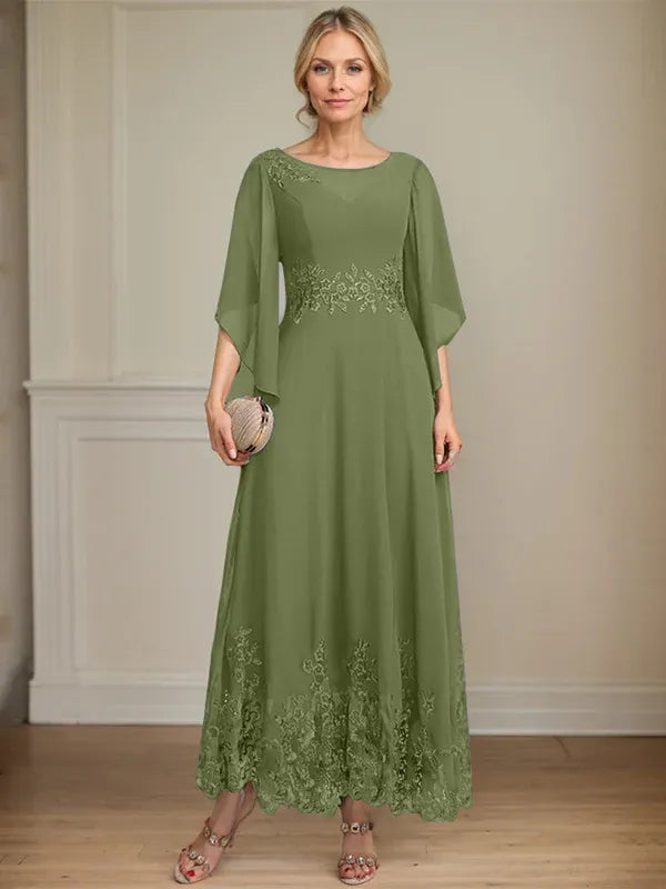 A-Line Scoop Neck Illusion Lace Chiffon Mother of the Bride Dress with Sequins and Ankle-Length Hem
