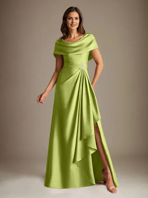 A-Line Scoop Neck Floor-Length Stretch Satin Mother of the Bride Dress with Cascading Ruffles