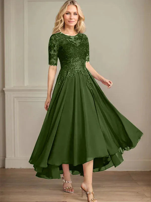 A-Line Scoop Neck Illusion Asymmetrical Chiffon and Lace Mother of the Bride Dress with Sequins