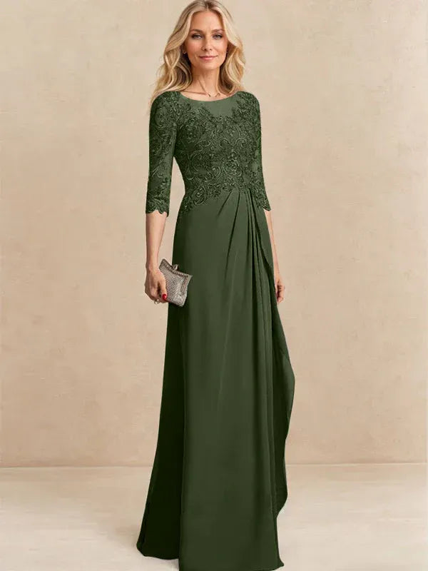 A-Line Scoop Illusion Floor-Length Chiffon and Lace Mother of the Bride Dress with Beading, Sequins, and Cascading Ruffles