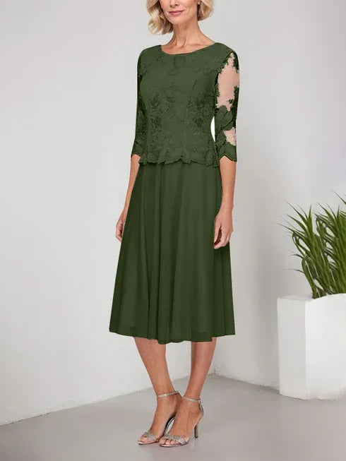 A-Line Scoop Neck Tea-Length Lace Chiffon Mother of the Bride Dress with Embroidery