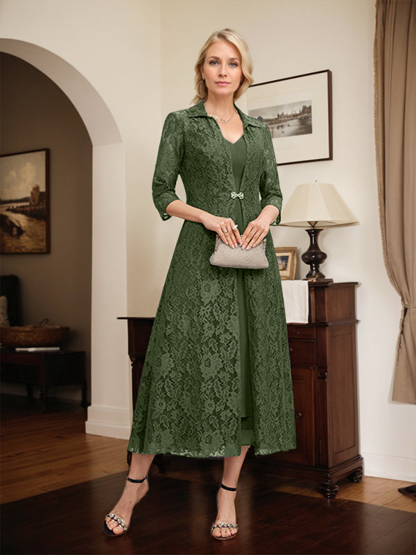 A-Line V-Neck Tea-Length Chiffon Mother of the Bride Dress