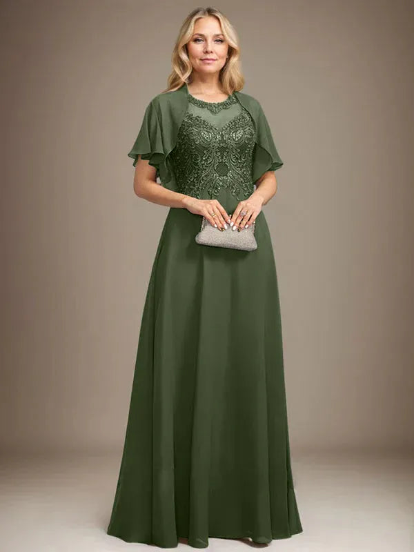 A-Line Scoop Neck Illusion Floor-Length Lace Chiffon Mother of the Bride Dress with Sequins