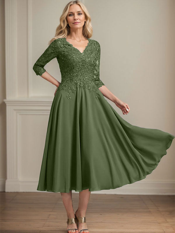 A-Line V-Neck Tea-Length Chiffon and Lace Mother of the Bride Dress with Beading and Sequins