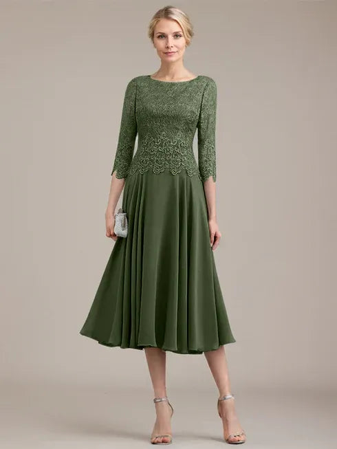 A-Line Scoop Neck Tea-Length Lace Chiffon Mother of the Bride Dress