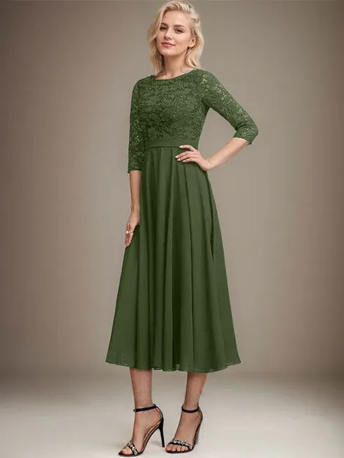 A-Line Scoop Neck Tea-Length Lace Chiffon Mother of the Bride Dress with Sequins