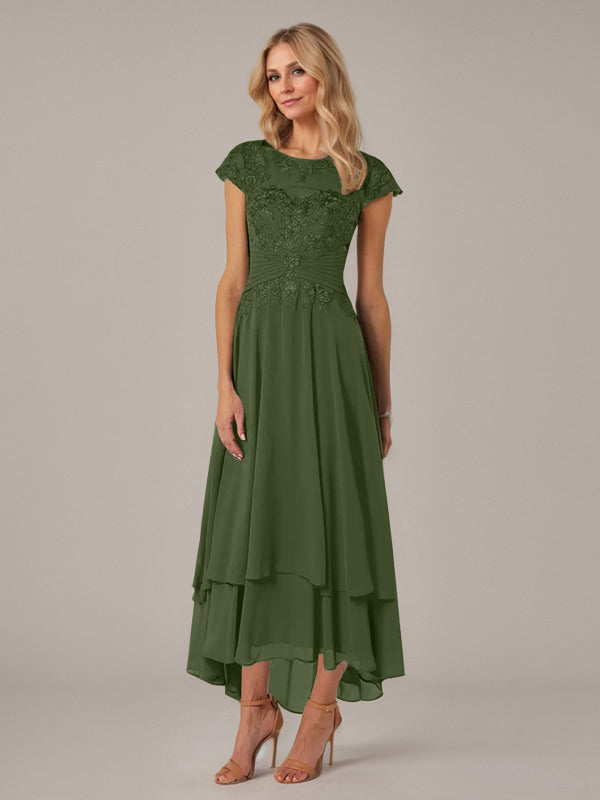 A-Line Boat Neck Illusion Asymmetrical Chiffon Lace Mother of the Bride Dress with Applique and Pleats