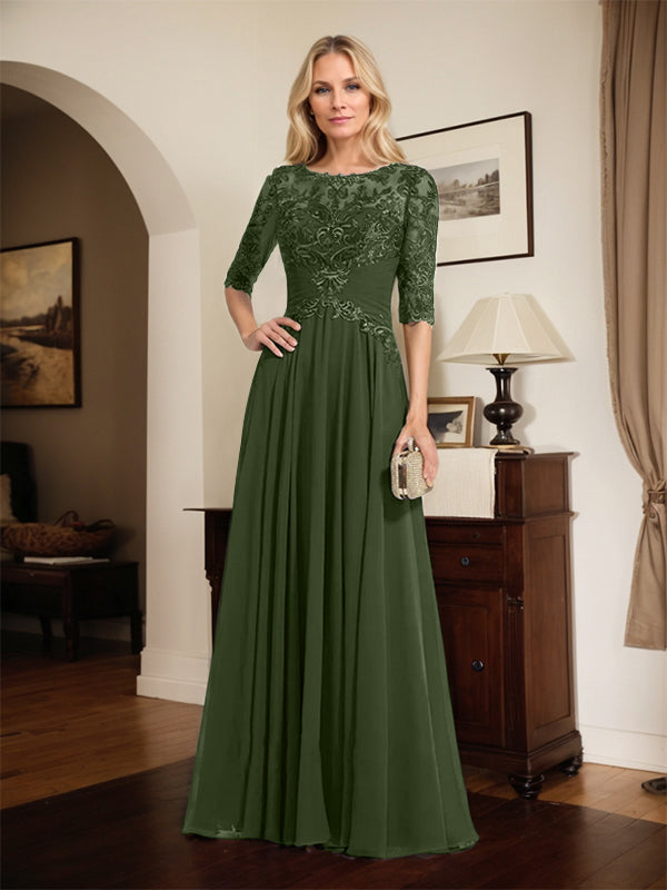 A-Line Scoop Neck Illusion Floor-Length Chiffon and Lace Mother of the Bride Dress with Pleated Sequins