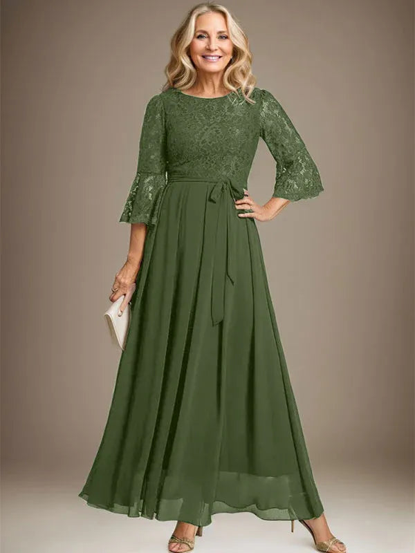 A-Line Scoop Neck Ankle-Length Lace Chiffon Mother of the Bride Dress with Bow