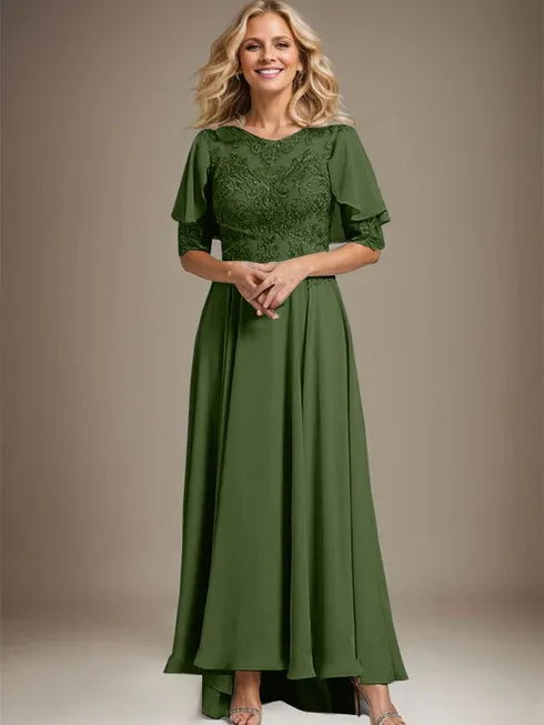 A-Line Scoop Neck Illusion Asymmetrical Chiffon and Lace Mother of the Bride Dress with Beading