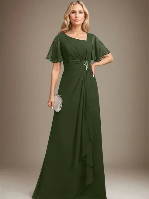 A-Line Asymmetrical Floor-Length Chiffon Mother of the Bride Dress with Pleated Beading and Sequins