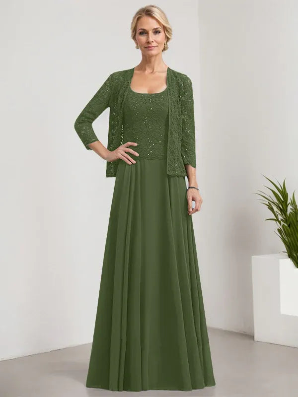 A-Line Square Neck Floor-Length Lace and Chiffon Mother of the Bride Dress with Sequins