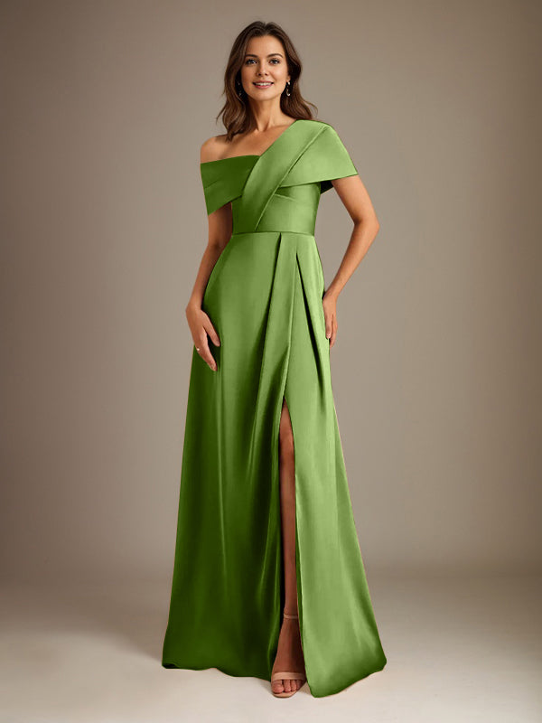 A-Line Satin Mother of the Bride Dress with Asymmetrical Neckline, Floor-Length, and Pleated Design