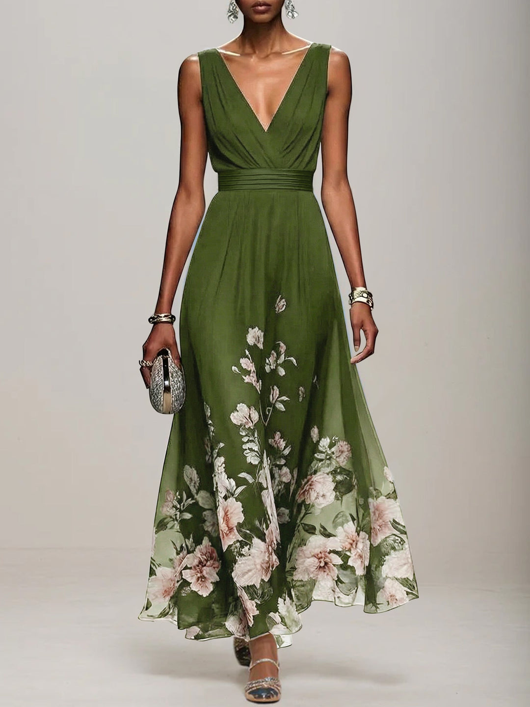 Light Blue Floral Chiffon V-Neck Sleeveless A-Line Maxi Dress