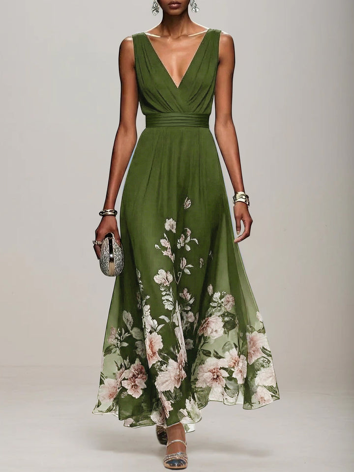 Light Blue Floral Chiffon V-Neck Sleeveless A-Line Maxi Dress