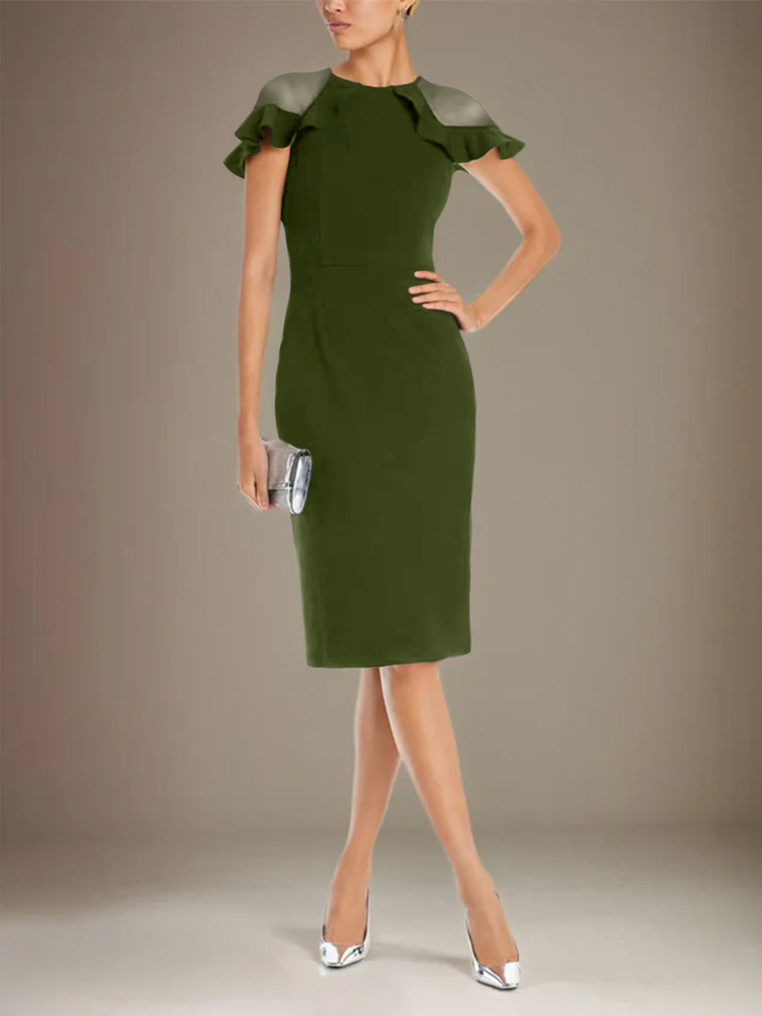 Sheath Dress with Column Stretch Crepe, Scoop Neck, Short Sleeves, Knee Length