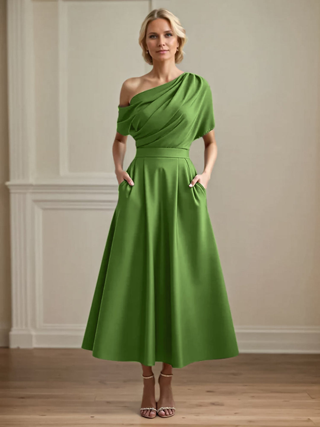 One-Shoulder Satin A-Line Pleated Ankle-Length Mother of the Bride Dress