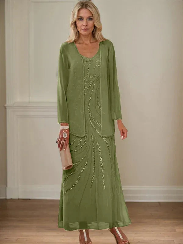 V-Neck Sheath/Mother of the Bride Ankle-Length Dress with Jacket & Sequins
