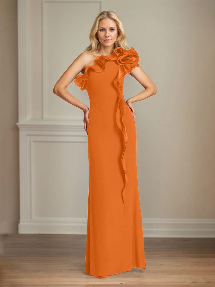 Navy Stretch Crepe One-Shoulder Sheath Dress with Ruffles – Floor-Length Mother of the Bride Gown