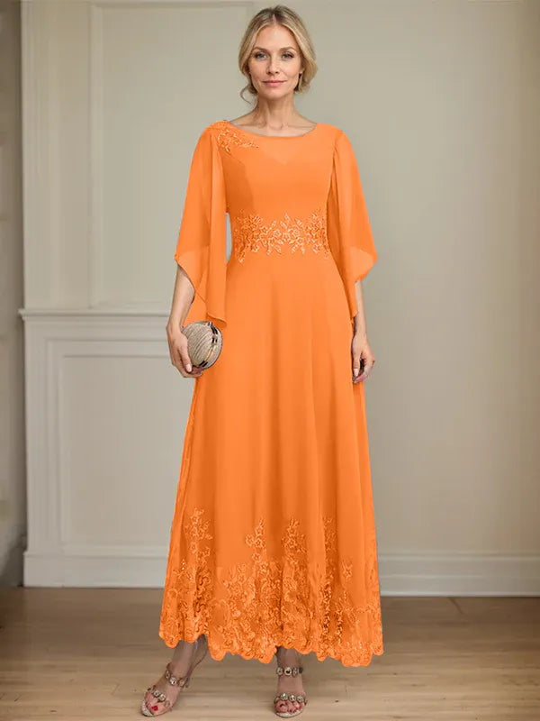 A-Line Scoop Neck Illusion Lace Chiffon Mother of the Bride Dress with Sequins and Ankle-Length Hem