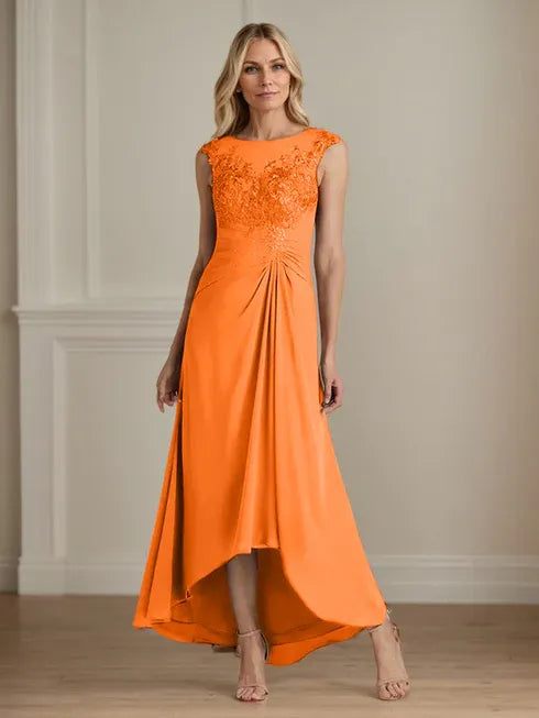 Champagne A-Line Lace and Chiffon Scoop Neck Dress
